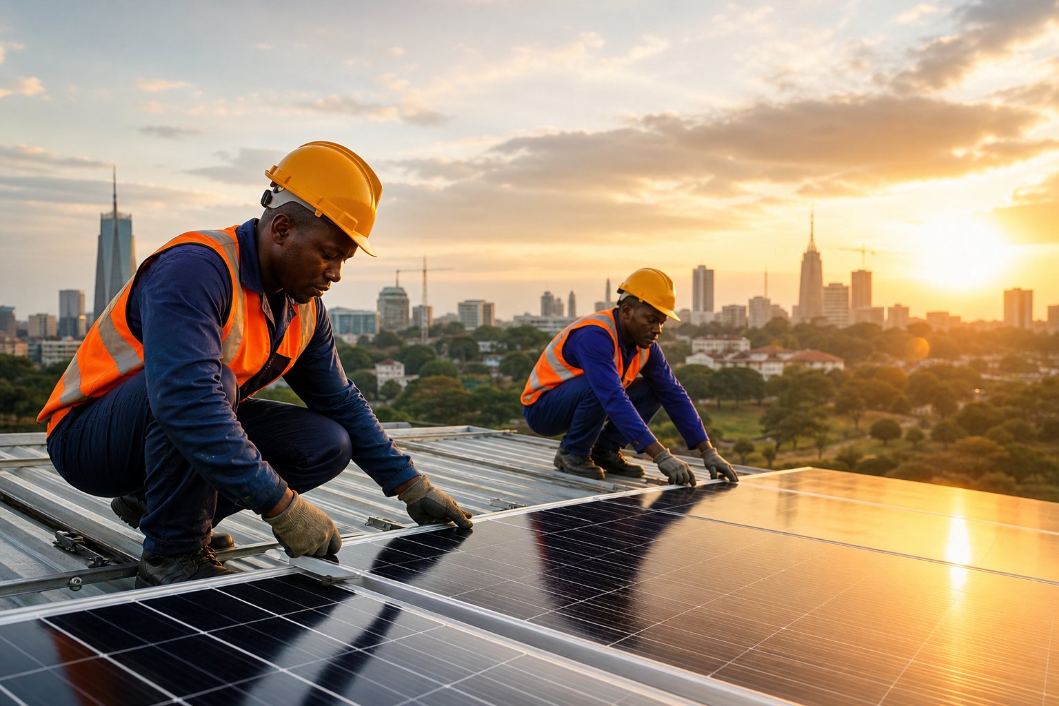 Solarmax Kenya technicians installing solar panels on a Nairobi rooftop